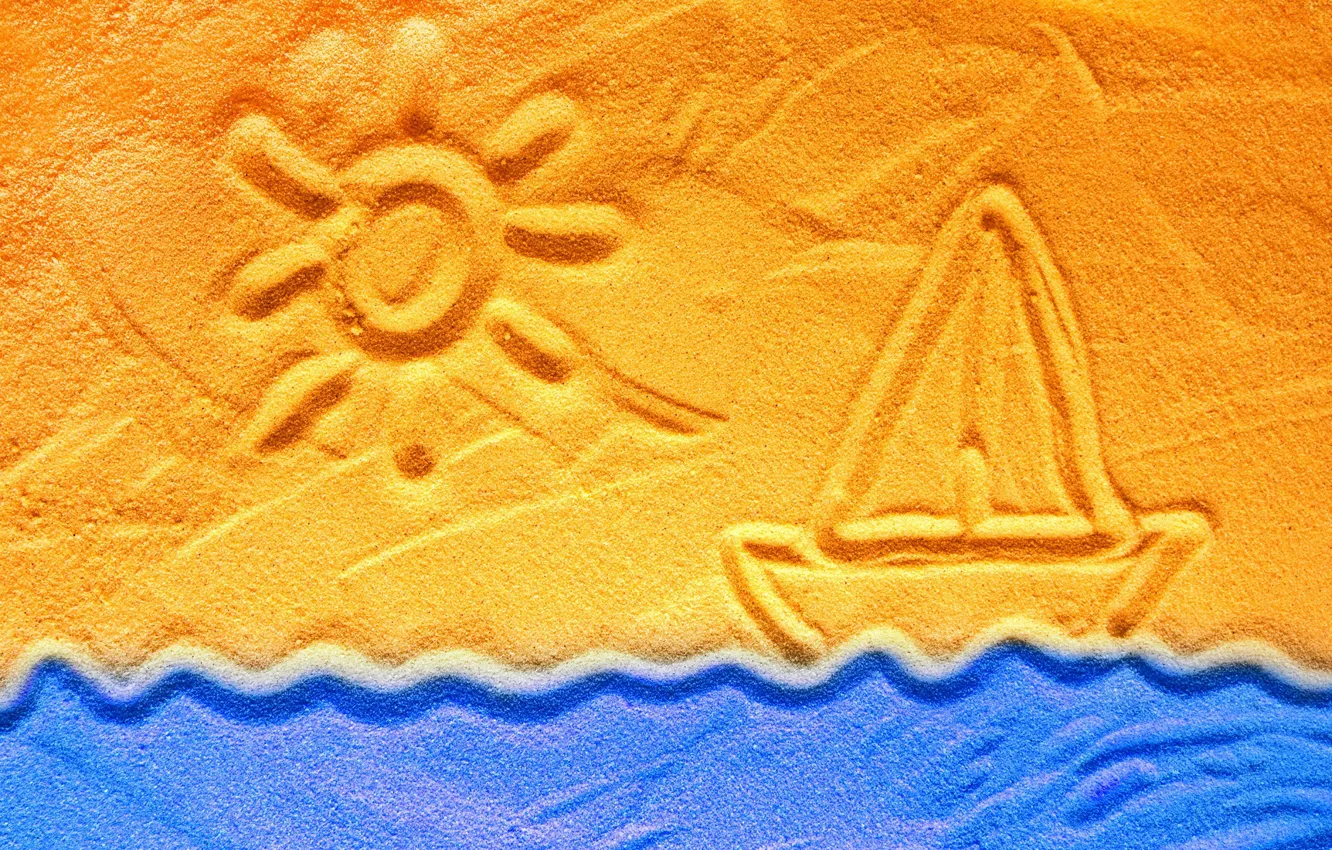 Фото обои песок, волны, солнце, рисунок, парусник