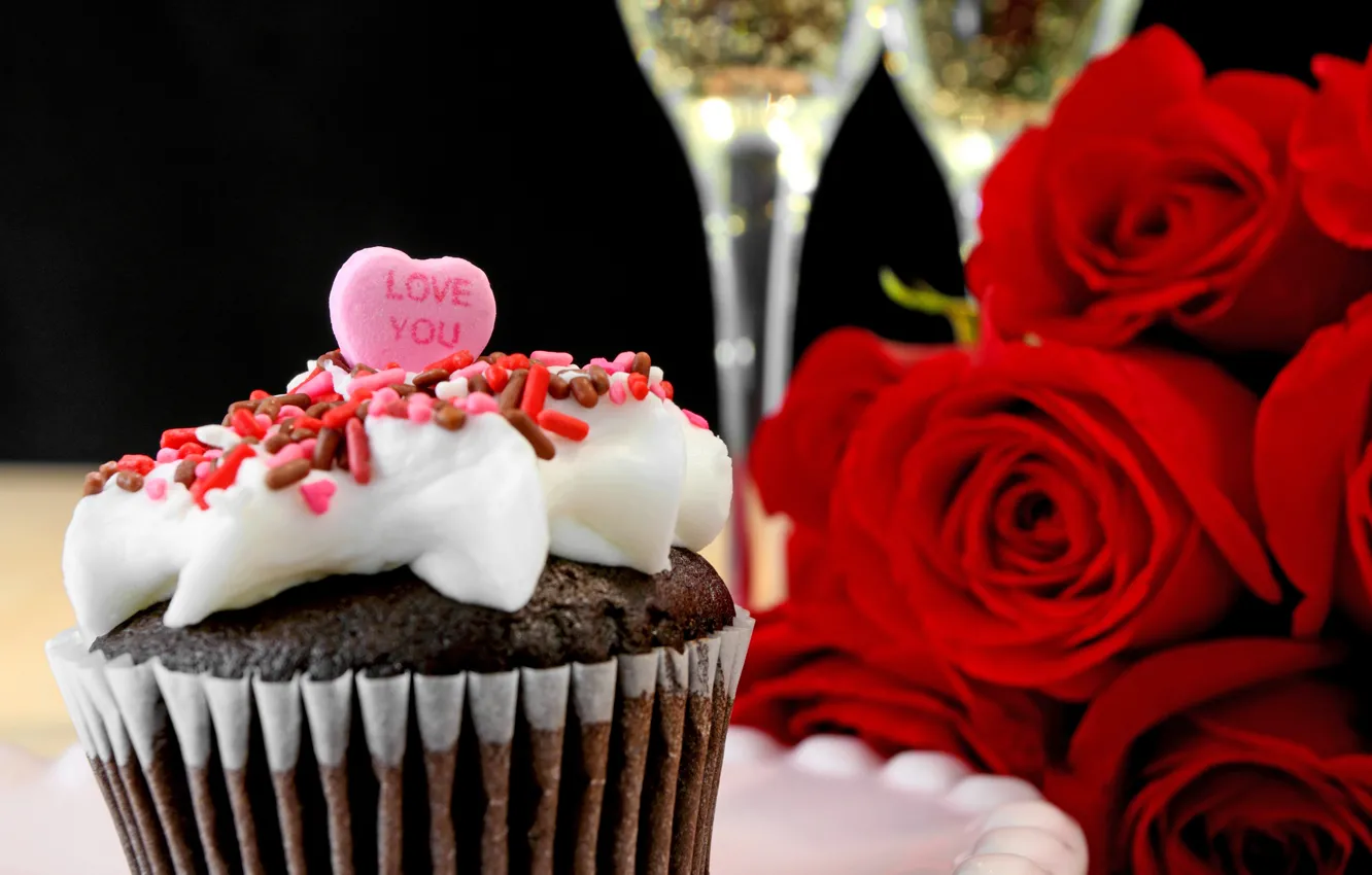 Фото обои розы, love, heart, romantic, cupcake, roses, champagne, valentine`s day