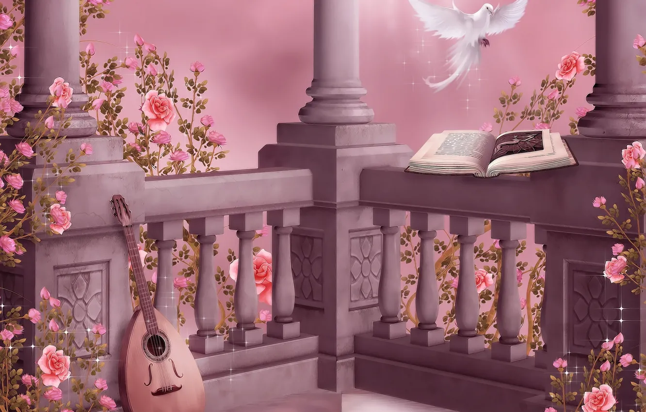 Фото обои цветы, музыка, голубь, розы, music, колонны, книга, гирлянды