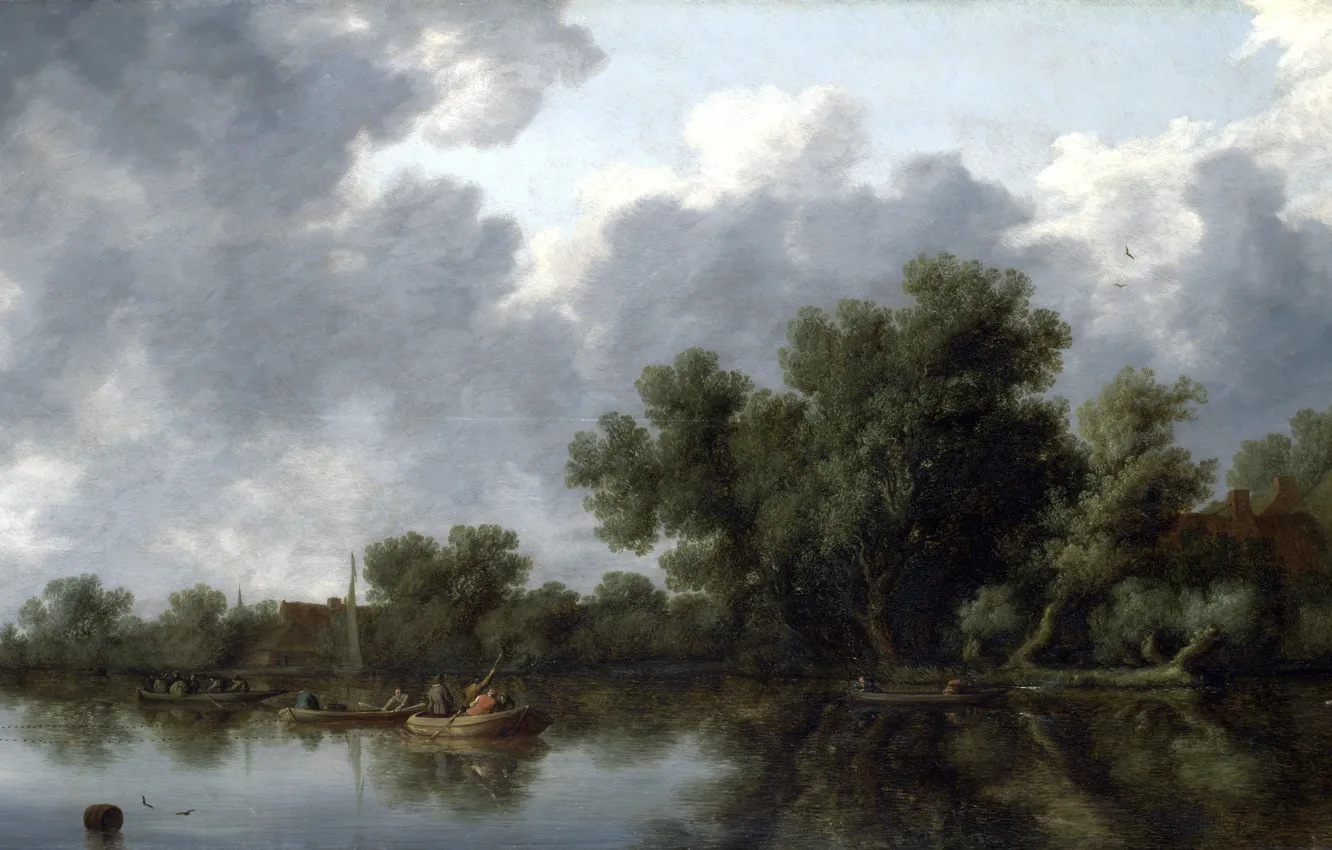 Фото обои пейзаж, лодка, картина, Salomon van Ruysdael, Саломон ван Рёйсдал, Речная Сцена