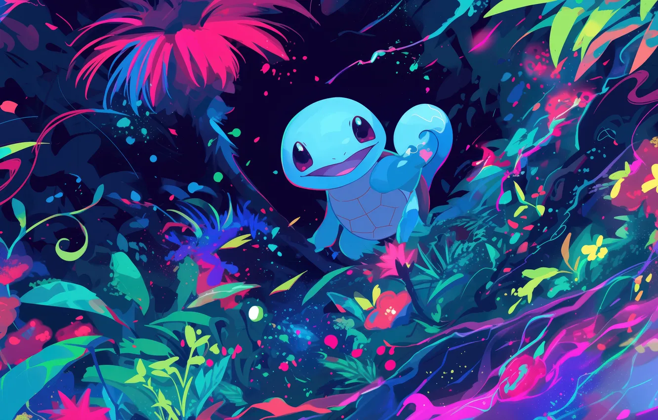 Фото обои улыбка, растительность, неон, милашка, Покемон, Pokemon, Squirtle, Сквиртл