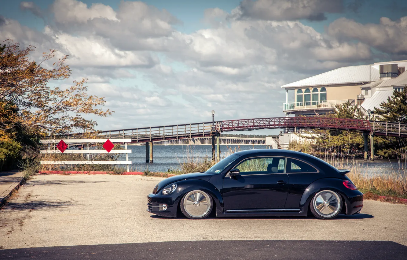 Фото обои жук, Volkswagen, black, фольксваген, Beetle, stance