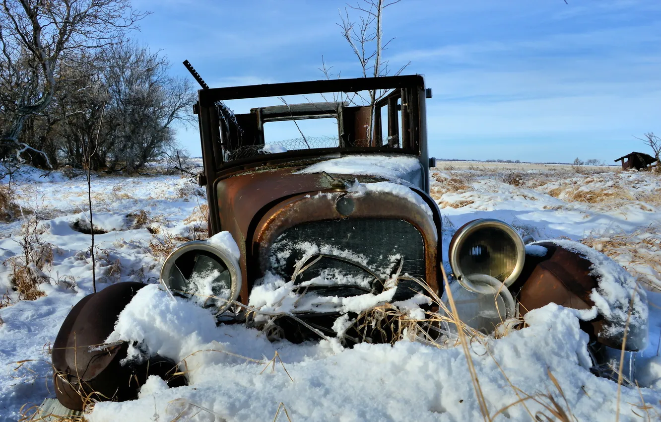 Фото обои поле, машина, снег
