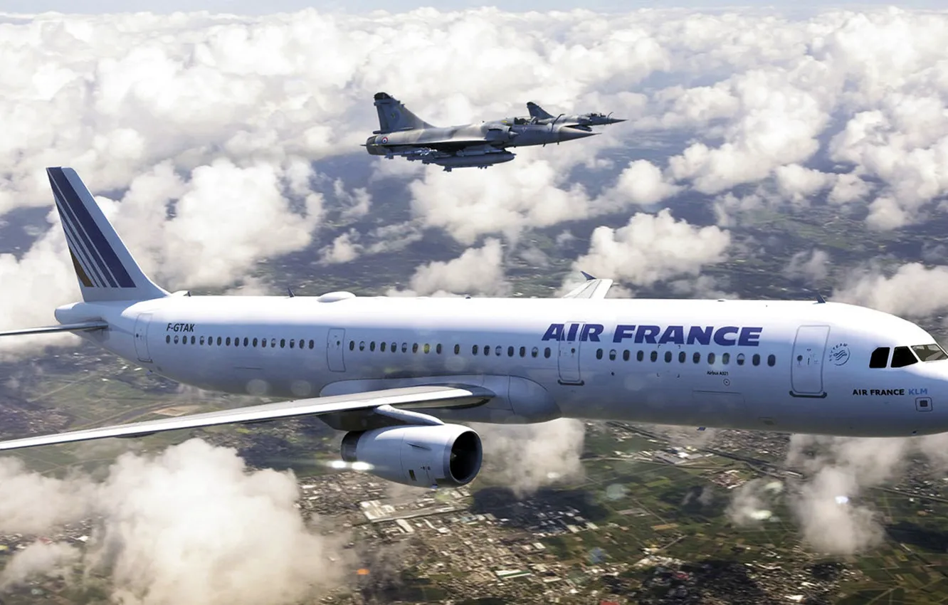 Фото обои Лайнер, истребители, mirage, roen911, французкая авиакомпания, air france, Airbus A321, Узкофюзеляжный реактивный пассажирский самолёт