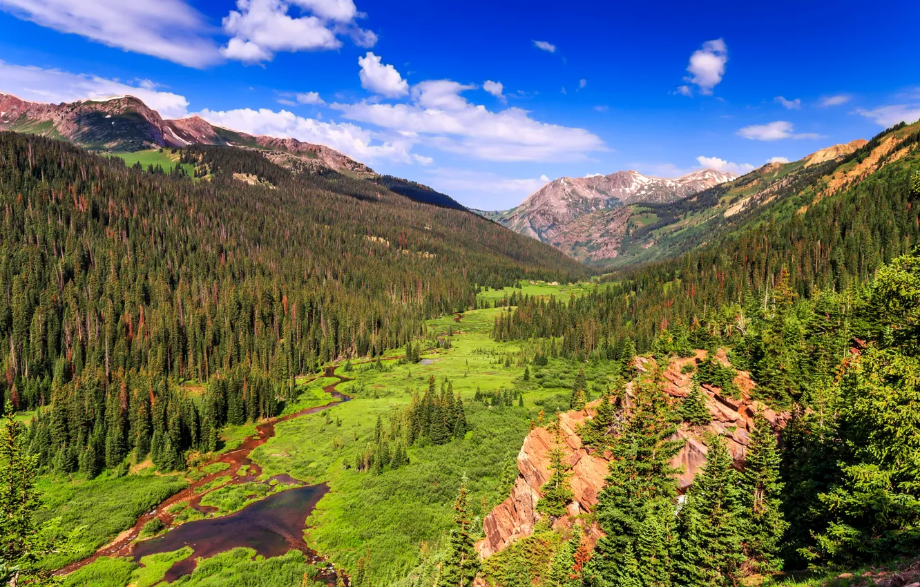 Фото обои облака, деревья, горы, скалы, долина, Колорадо, США, речка