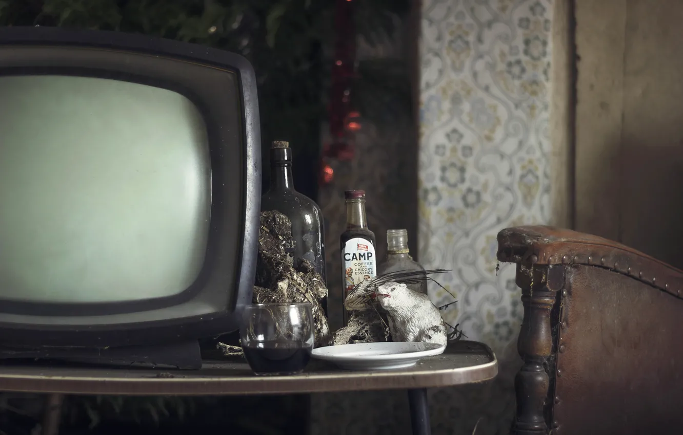 Фото обои бутылка, пыль, телевизор, склянки, натурализм