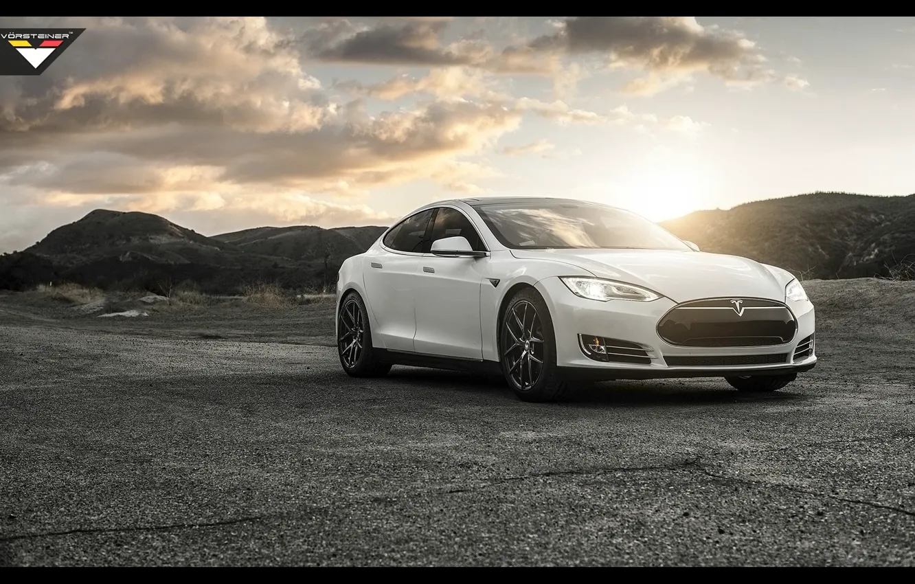Фото обои закат, горы, Tesla, model S