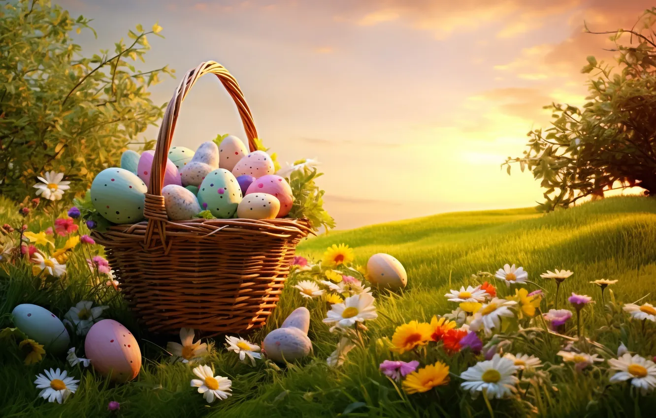Фото обои цветы, корзина, поляна, яйца, весна, colorful, Пасха, happy