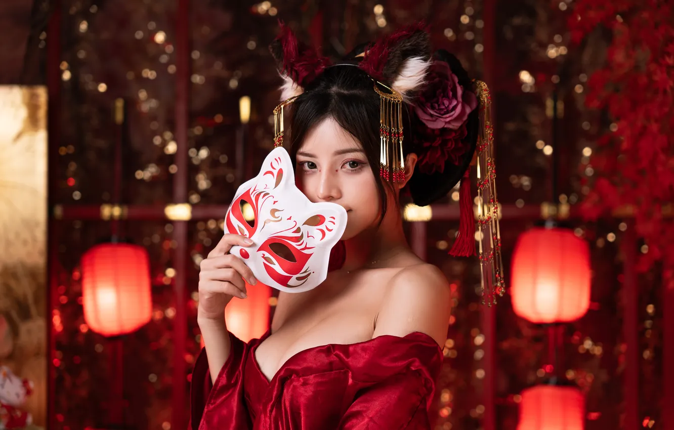Фото обои новый год, маска, фонари, декольте, азиатка, милашка, asian, cutie