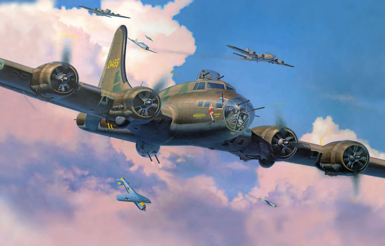 Фото обои рисунок, истребители, бомбардировщики, перехват, fw-190, Летающая крепость, Boeing B-17 Flying Fortress