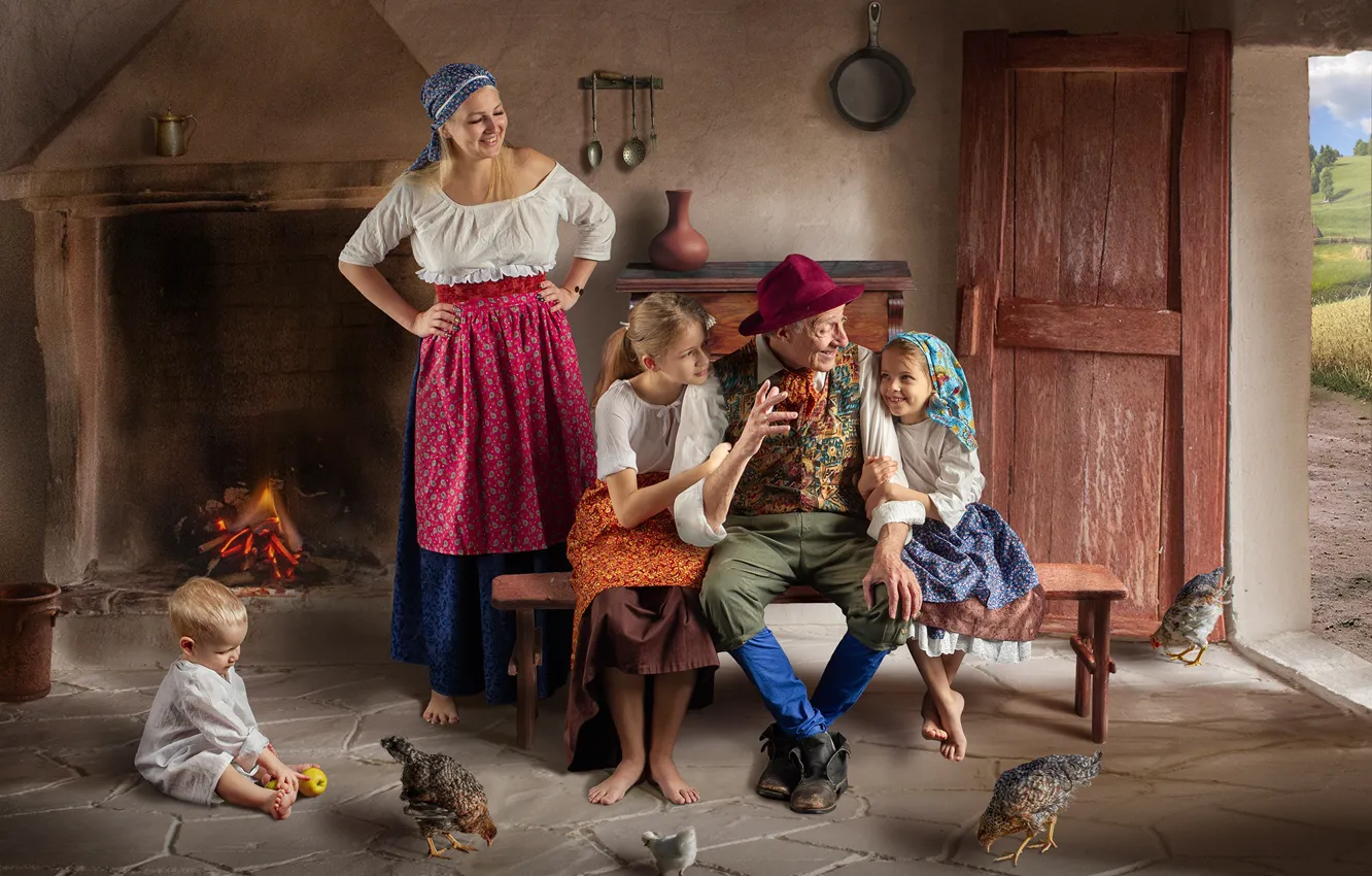 Фото обои дети, дом, люди, дед, мать, куры, Dmitry Usanin, Дмитрий Усанин