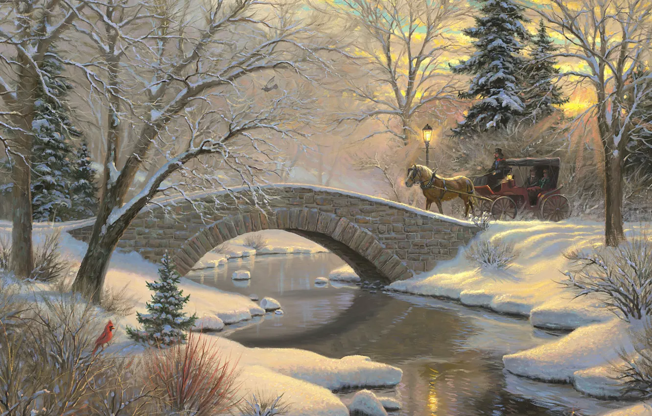 Фото обои зима, лес, снег, закат, мост, река, птица, лошадь