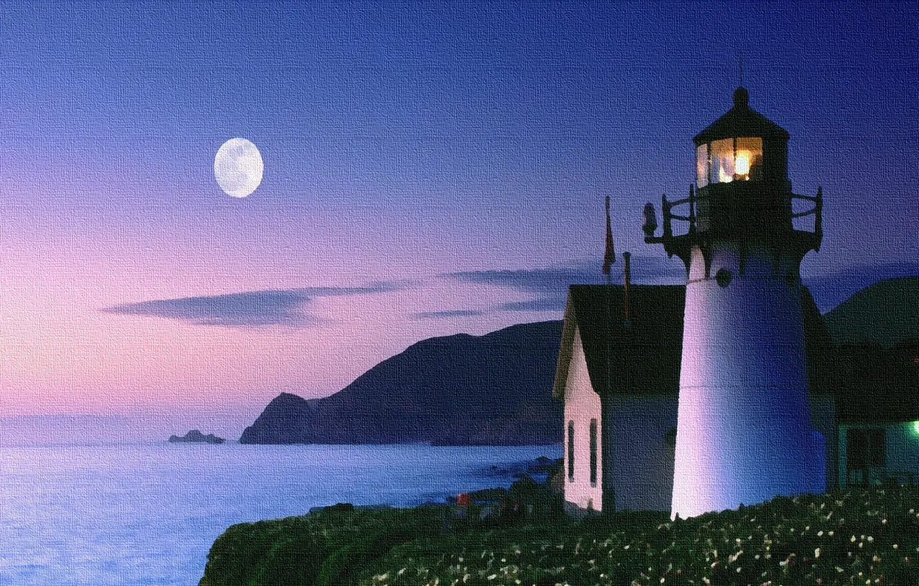 Фото обои moon, sunset, romantic, violet, lighthouse, sky blue, canvas, paint brush