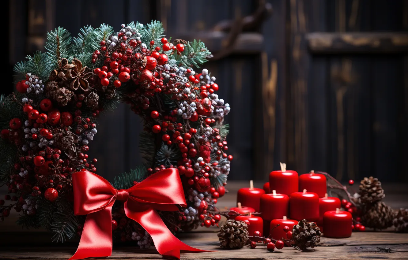 Фото обои украшения, свечи, Рождество, Новый год, red, Christmas, венок, candles