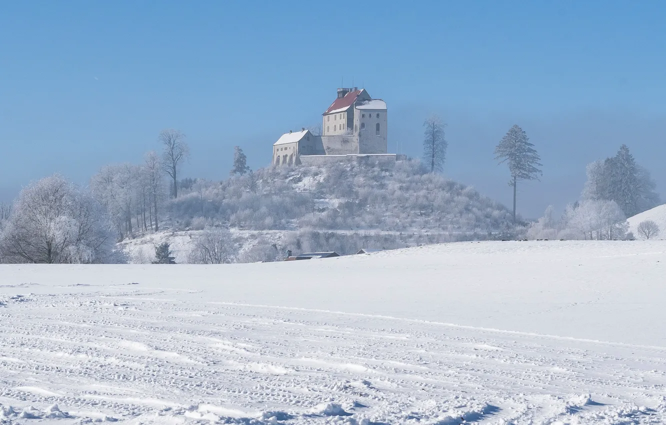 Фото обои зима, снег, дом, замок, Германия, холм, Вальдбург