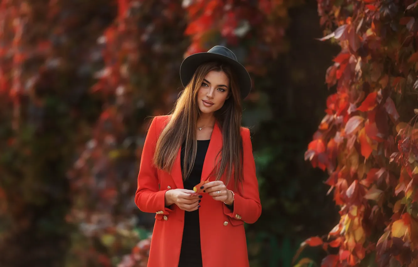 Фото обои осень, девушка, поза, шляпа, пальто, Анастасия Бармина