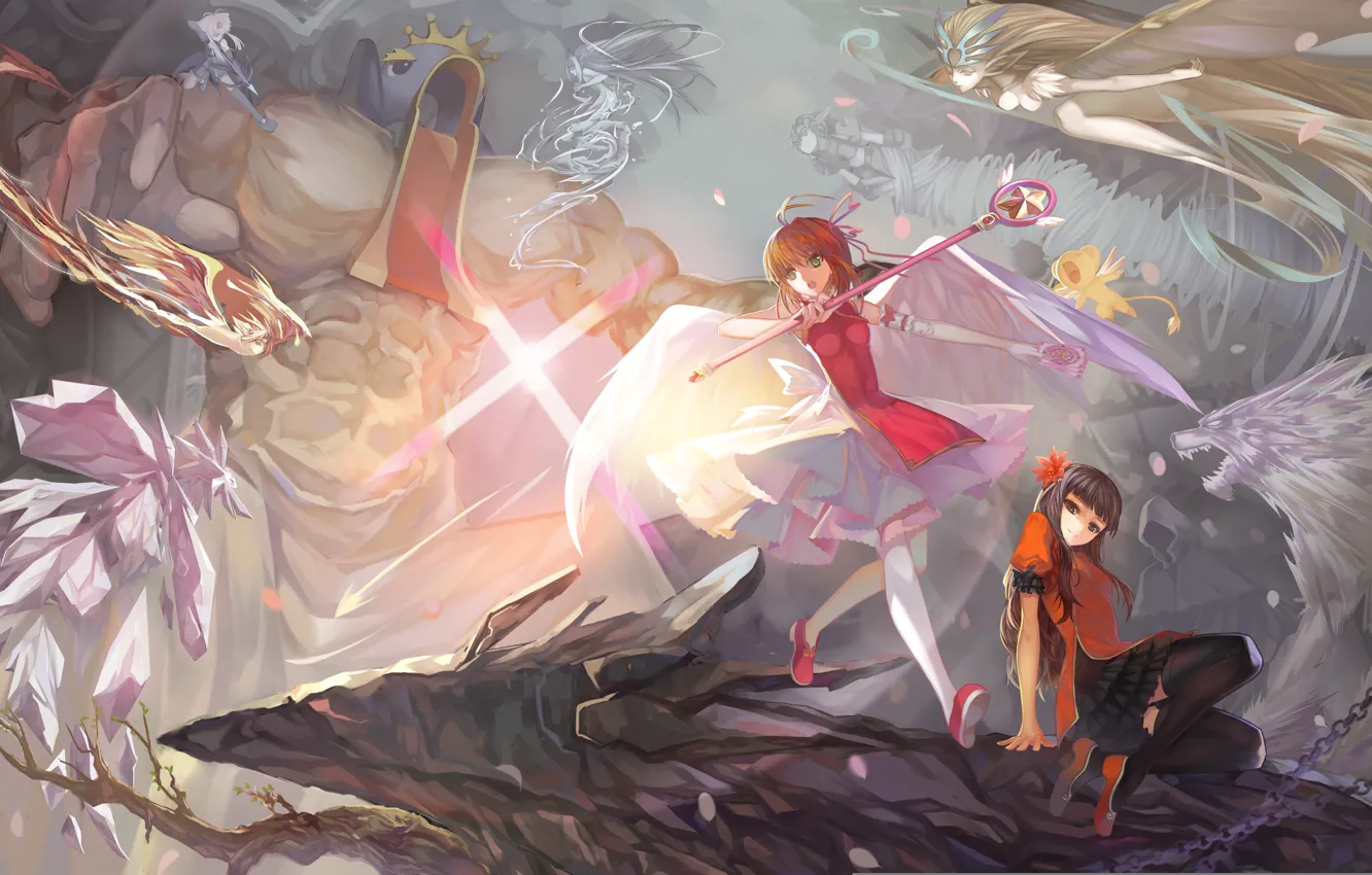Фото обои девушки, магия, аниме, арт, битва, сражение, kinomoto sakura, card captor sakura