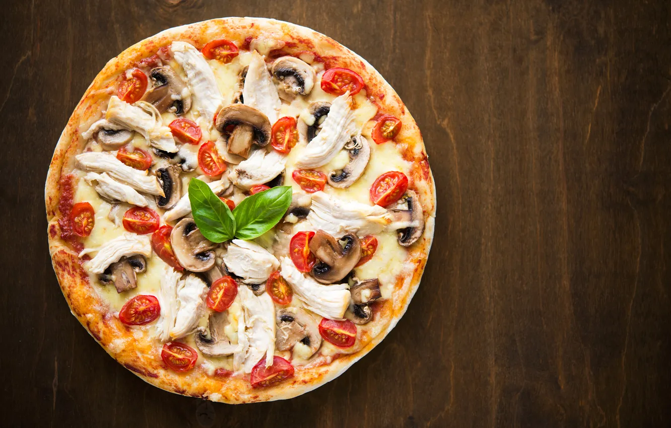 Фото обои грибы, сыр, мясо, пицца, помидоры, pizza, cheese, tomato