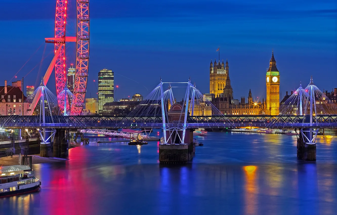 Фото обои ночь, мост, огни, Англия, Лондон, колесо обозрения