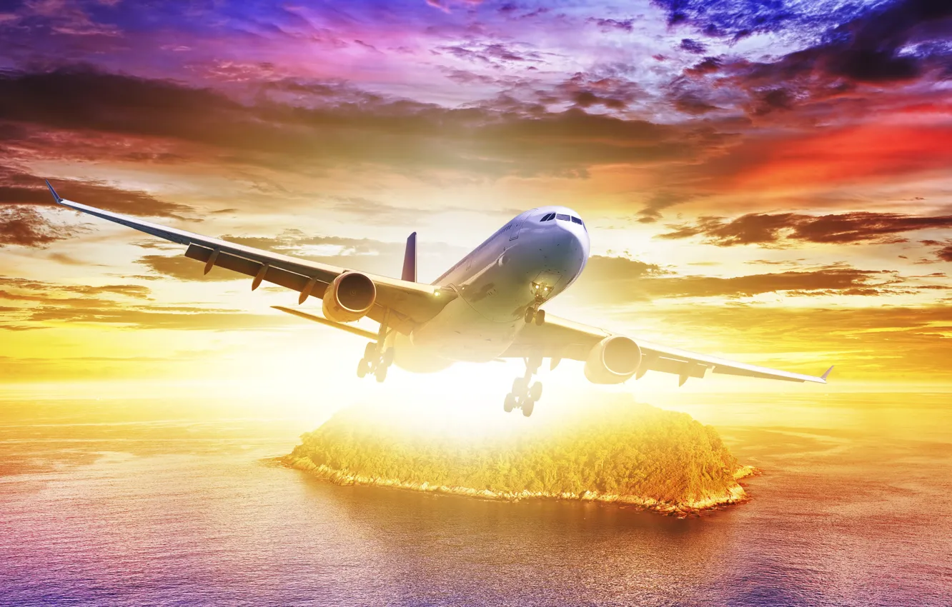 Фото обои море, небо, солнце, полет, пейзаж, остров, зарево, самолёт