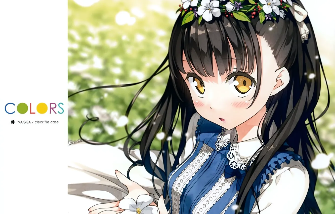 Фото обои цветы, платье, девочка, венок, кружево, большие глаза, by kantoku