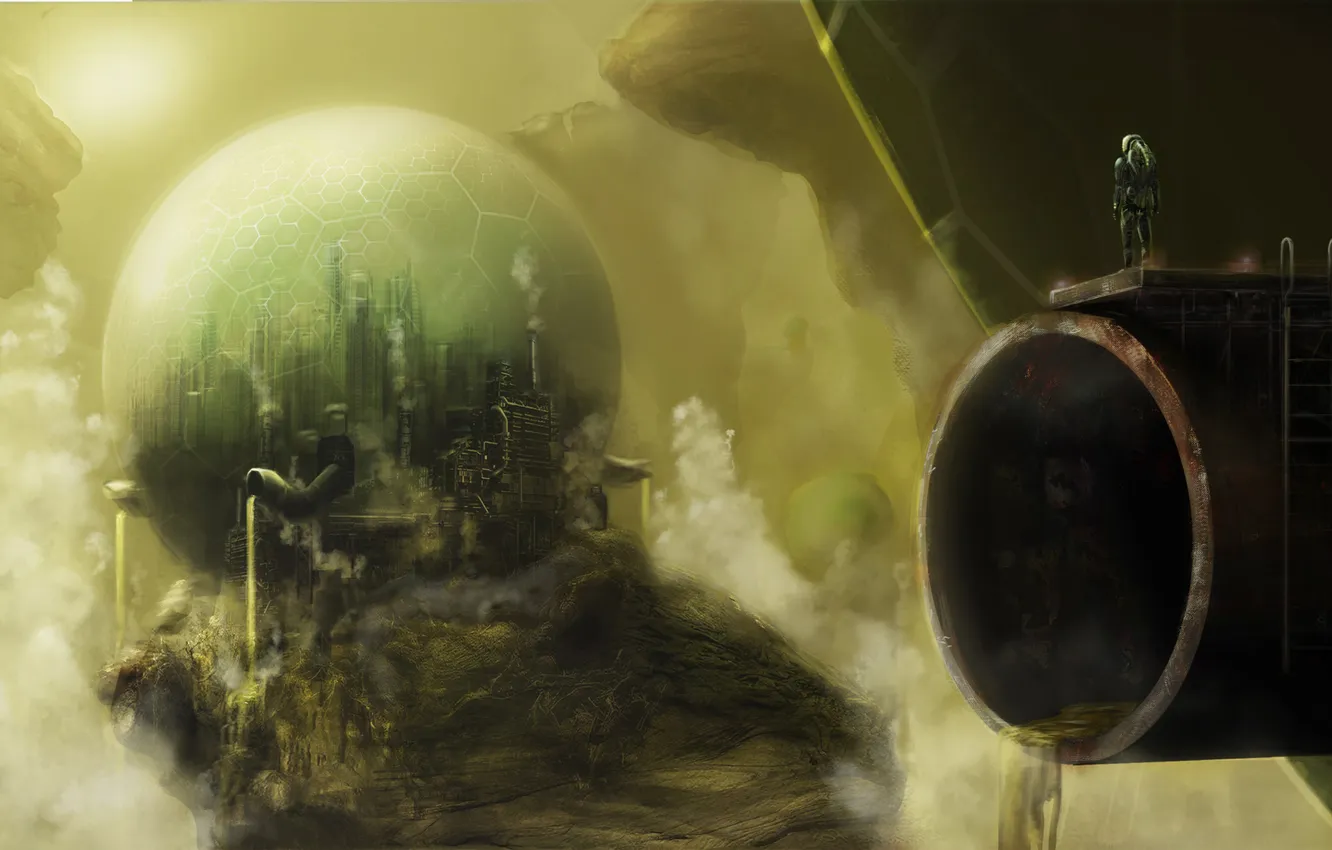 Фото обои трубы, город, скала, будущее, человек, шар, арт, сфера