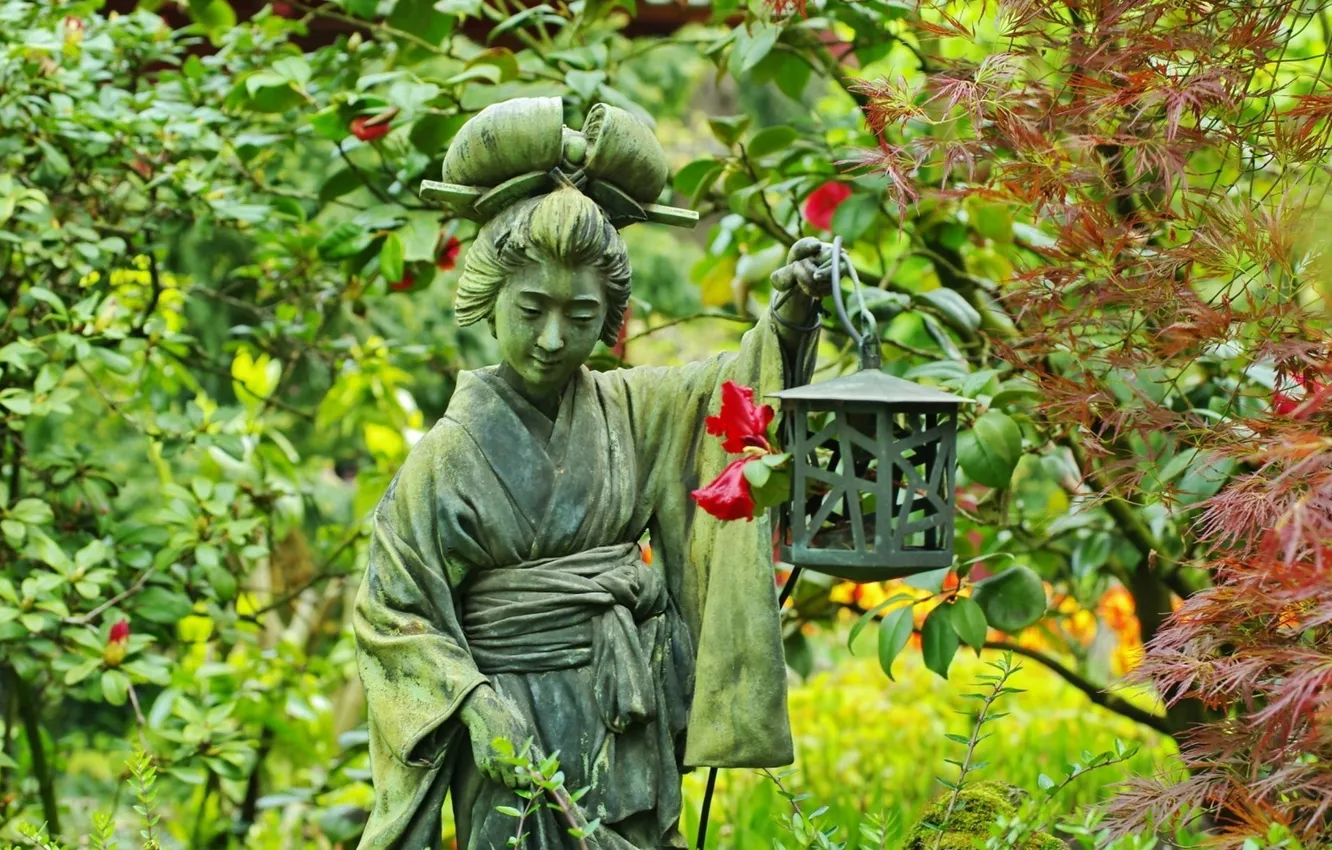 Фото обои деревья, природа, парк, фото, Германия, фонари, статуя