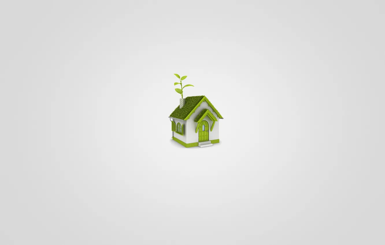 Фото обои белый, трава, листья, зеленый, дом, минимализм, домик, светлый фон