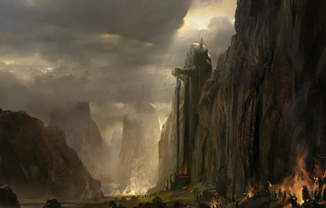 Фото обои горы, огни, колос, армия, статуя, пещера, guild wars 2