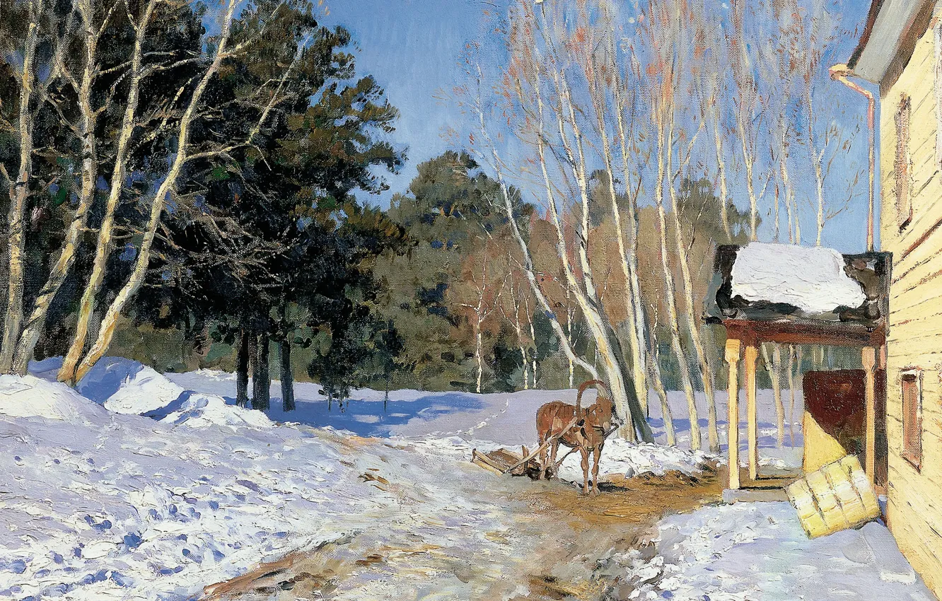 Фото обои пейзаж, лошадь, масло, холст, Март, 1895, Исаак ЛЕВИТАН, хрестоматийный