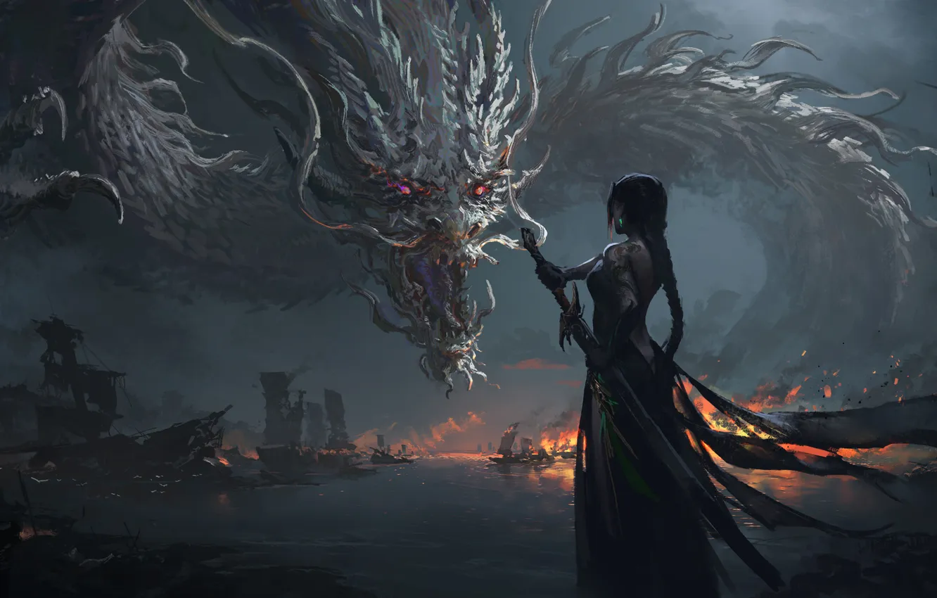 Фото обои fire, sword, long hair, weapon, water, ponytail, tattoo, dragon