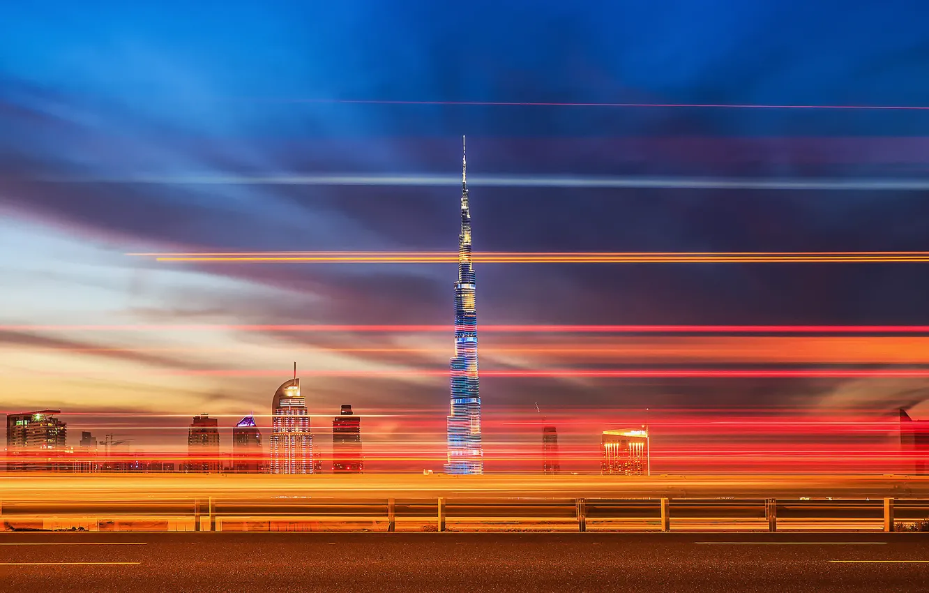 Фото обои дорога, город, огни, вечер, выдержка, Дубай, Dubai, ОАЭ