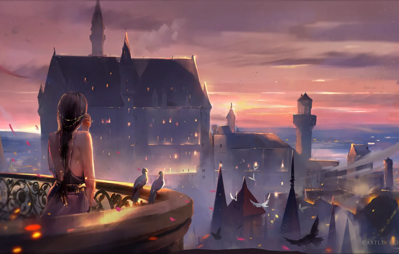 Фото обои небо, девушка, замок, вечер, голуби, башни, балкон, длинные волосы