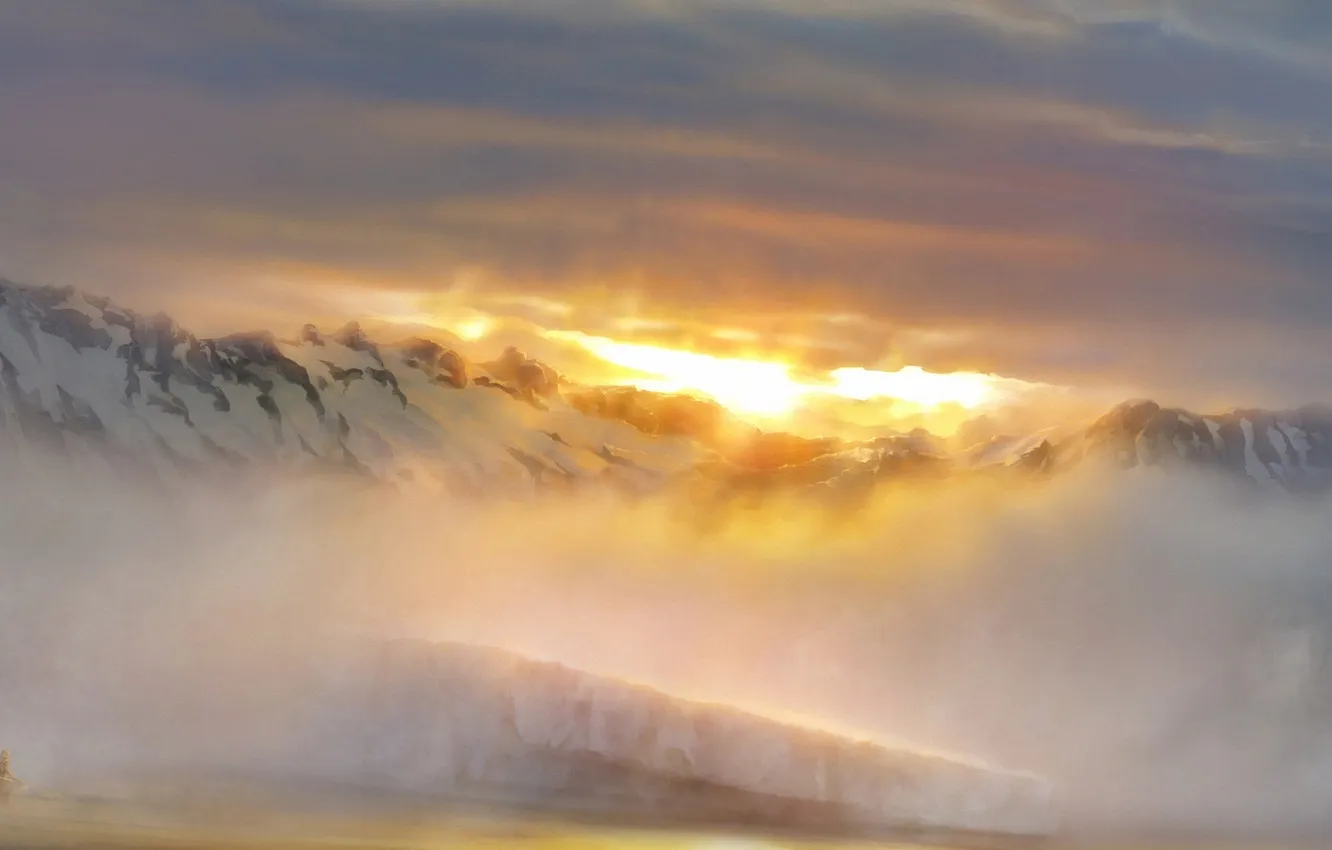 Фото обои снег, горы, туман, озеро, рассвет, лодка, арт, дымка