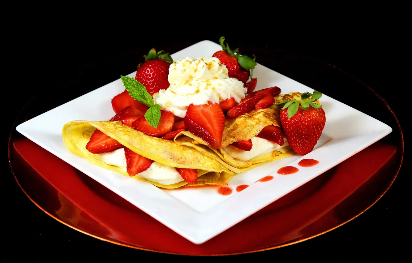 Фото обои ягоды, клубника, выпечка, творог, berries, блинчики, pancakes, сервировка