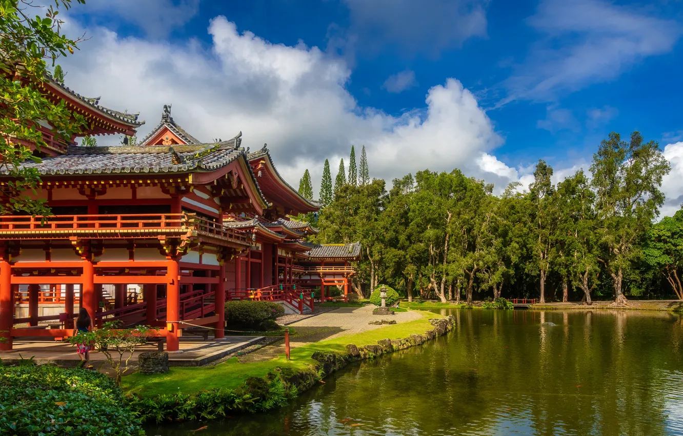 Фото обои деревья, пруд, парк, Япония, храм, Japan, Uji, Удзи