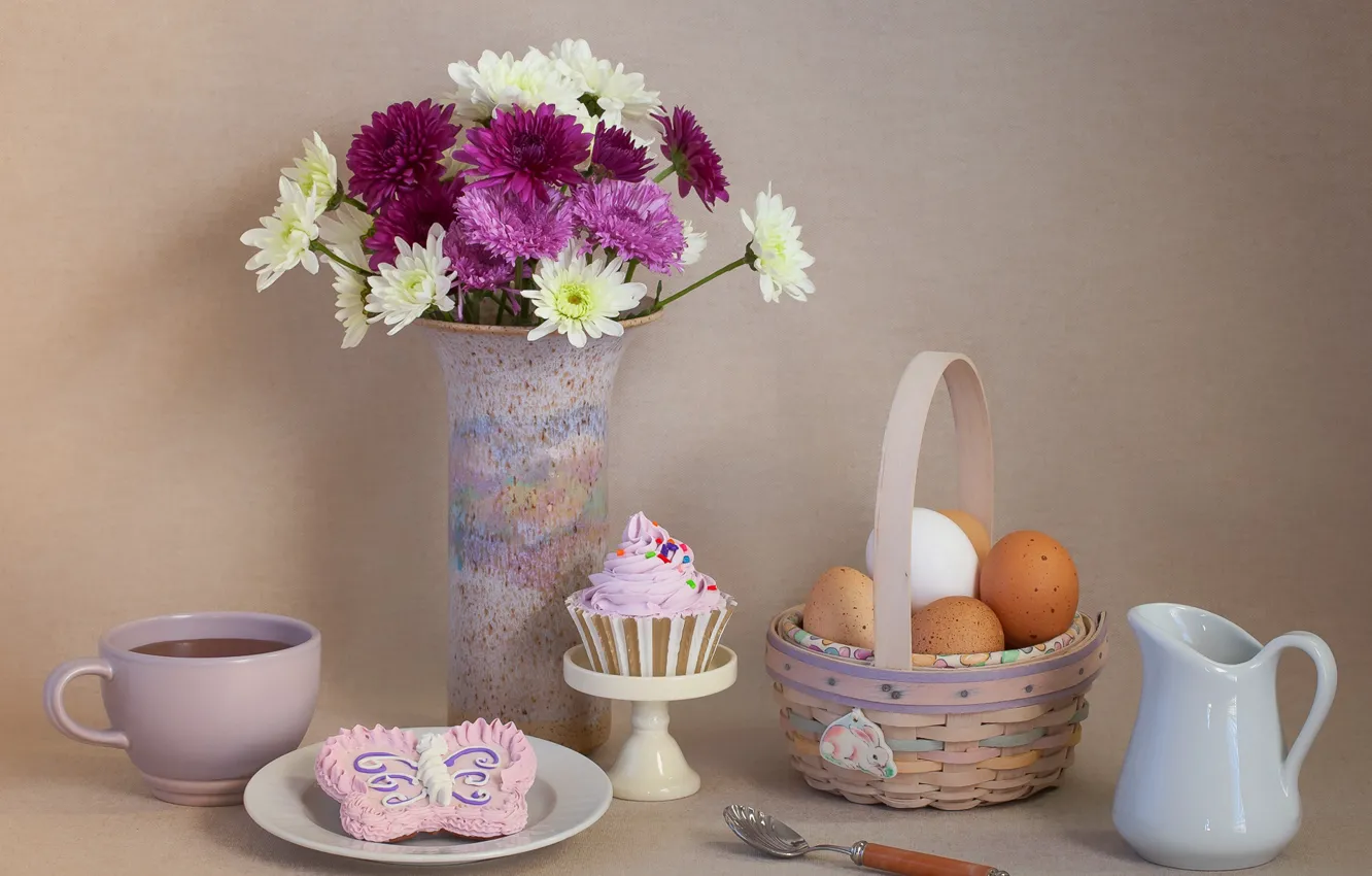 Фото обои цветы, чай, яйца, печенье, натюрморт