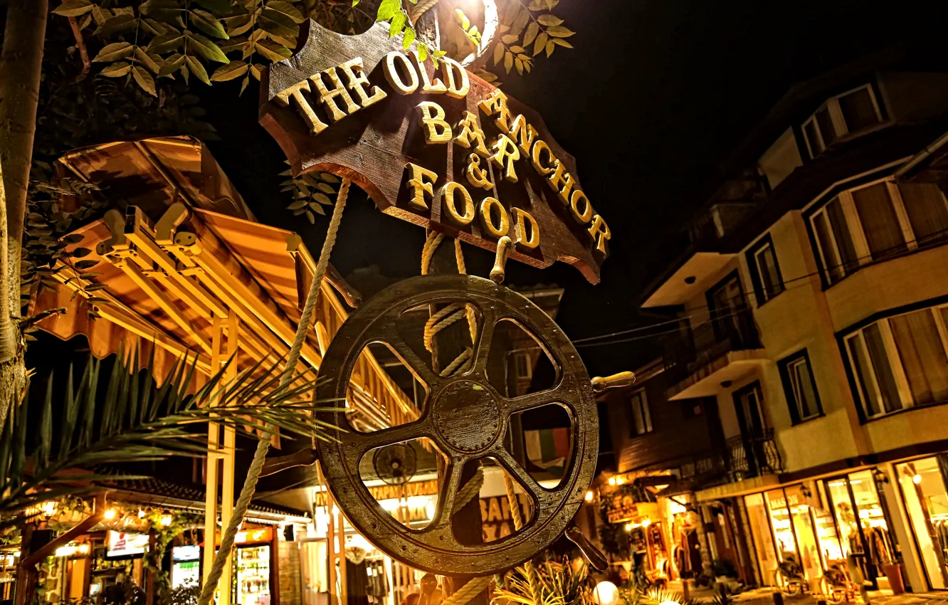 Фото обои wood, night, food, wheel, cafe, architecture, Bulgaria, Old Anchor