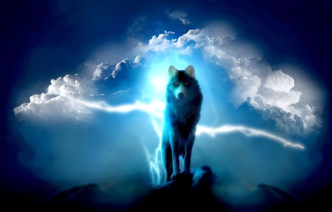 Фото обои облака, волк, свечение, вершина, glow, wolf, fantasy art, peak
