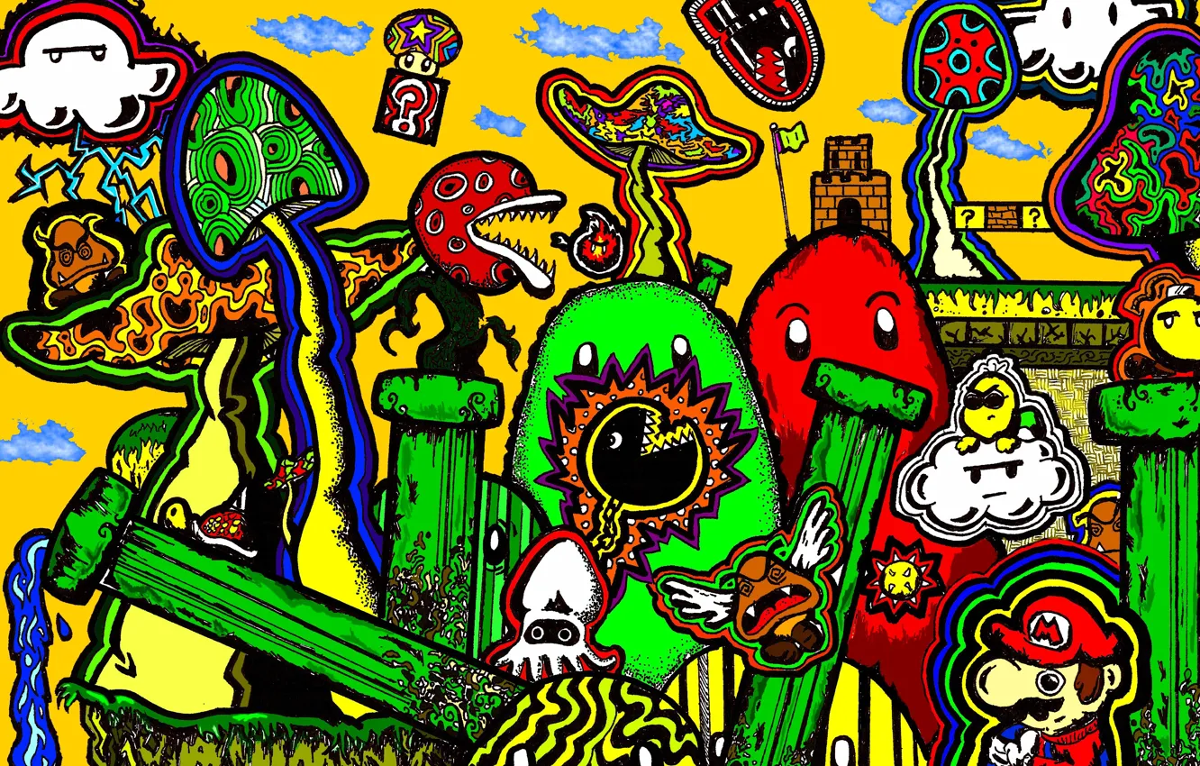 Фото обои psy artwork, psychedelic, mario, психоделика, abstraction, фигуры, фантазия, грибы, марио