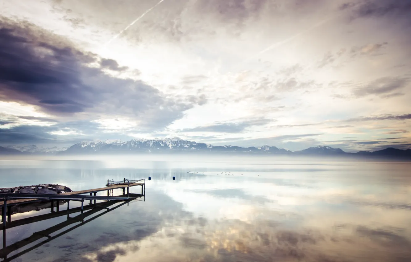 Фото обои Switzerland, Lake Geneva, near Lausanne, sunrise over Lac Leman