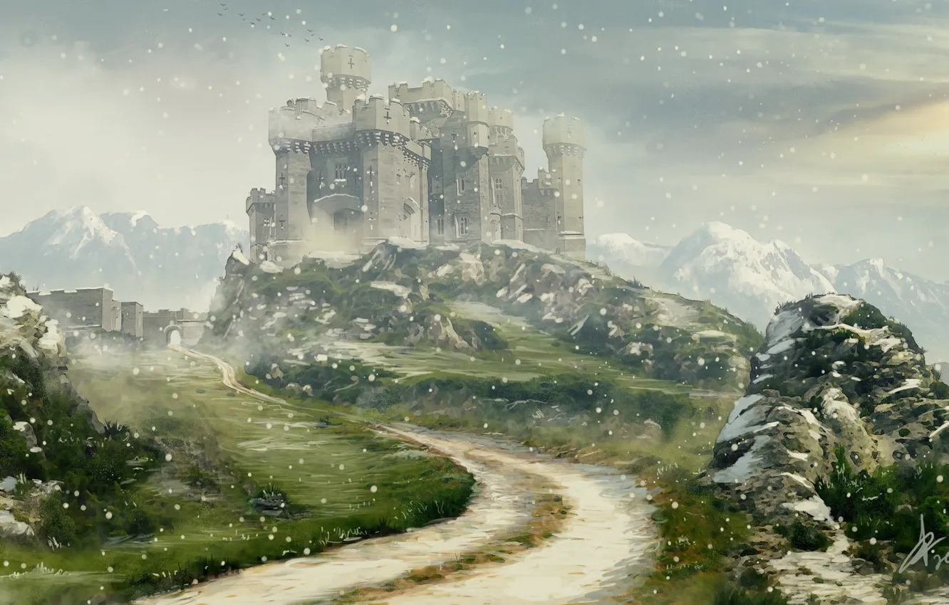 Фото обои снег, горы, камни, замок, Winter is coming
