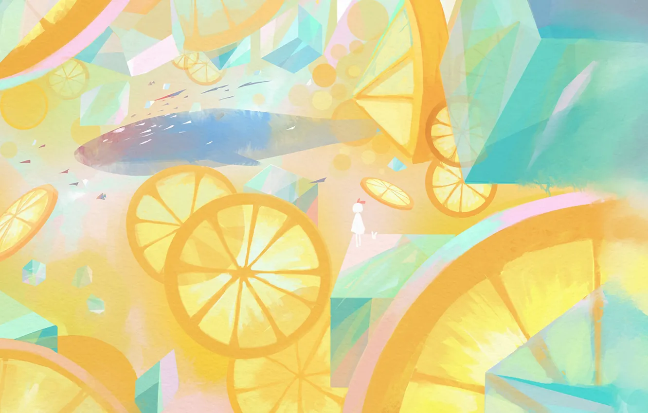 Фото обои кролик, кит, девочка, лимонад, кубики льда, бумажные самолетики, дольки лимона
