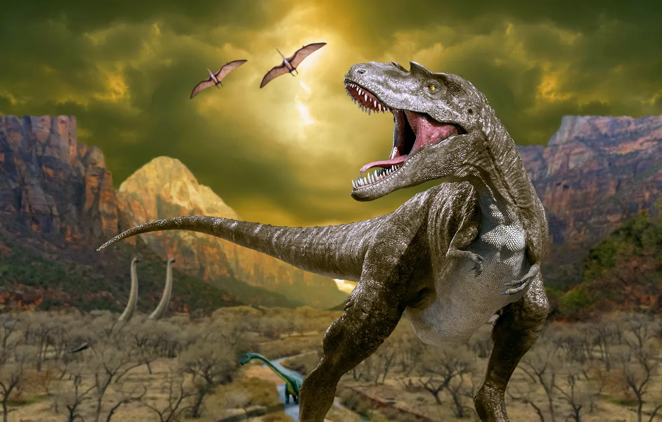 Фото обои Горы, Хищник, Животные, Фотошоп, T-Rex, Тираннозавр, Оскал, Dinosaurs