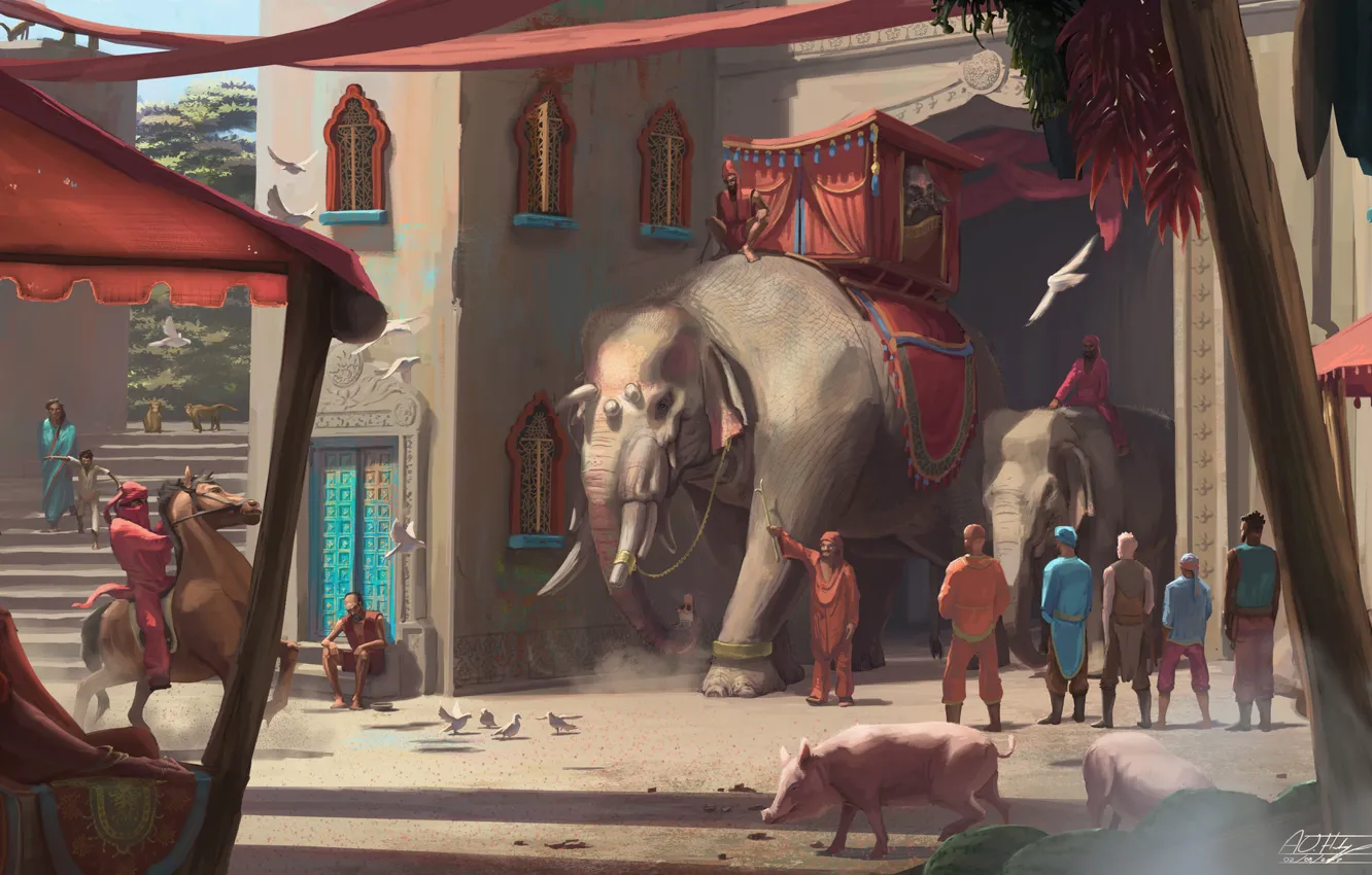 Фото обои животные, люди, здания, Elephants, Ride Through The Town