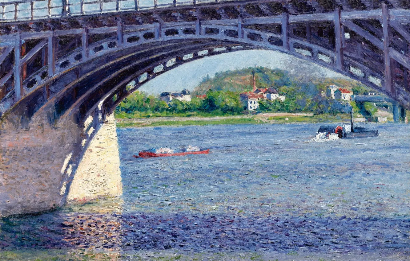 Фото обои река, картина, опора, арка, Gustave Caillebotte, Гюстав Кайботт, Мост на Сене в Аржантёе