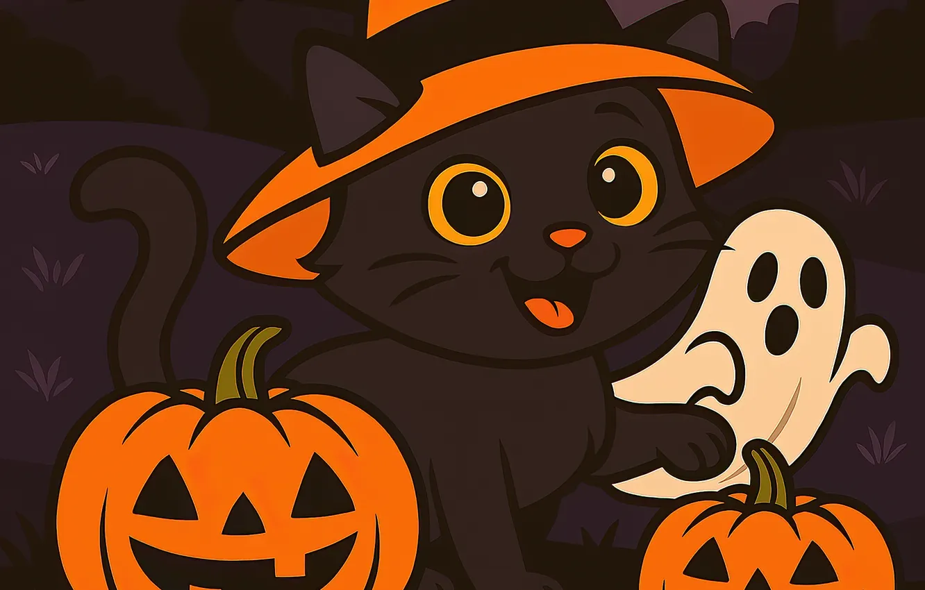 Фото обои осень, кошка, кот, взгляд, листья, ночь, поза, темнота