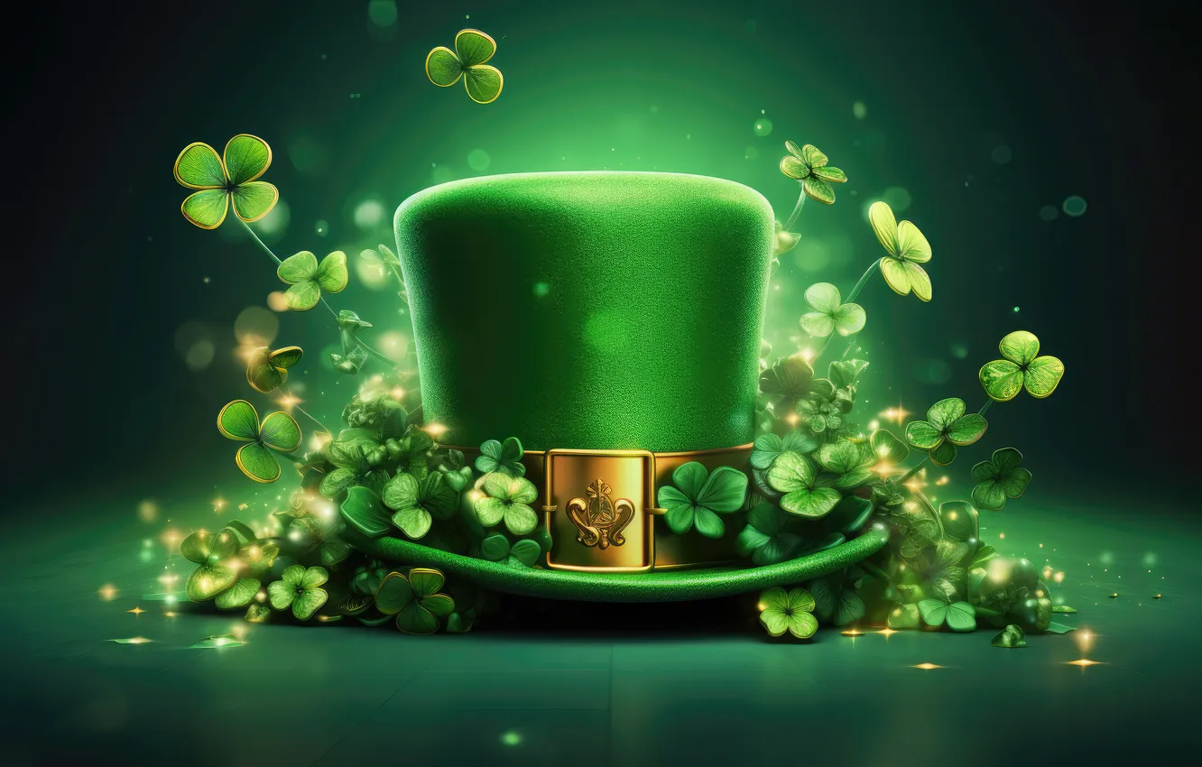 Фото обои Illustration, Clover, Irish, Shamrock, Green leaves, AI art, Celebrations, Green aesthetic