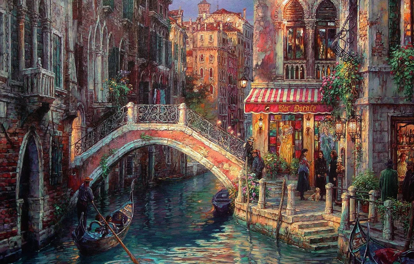Фото обои мост, люди, улица, дома, картина, Италия, Венеция, канал