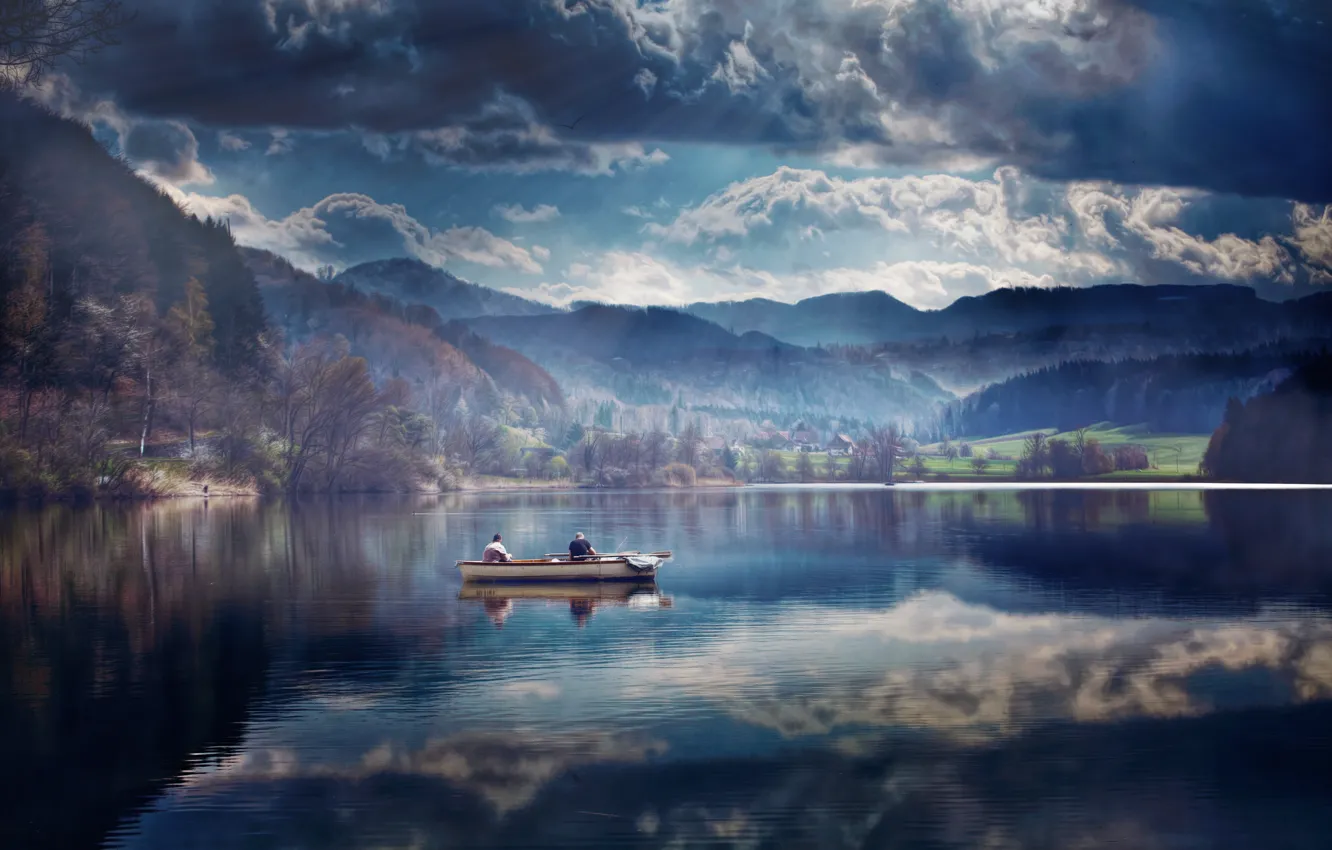Фото обои озеро, отражение, Лодка